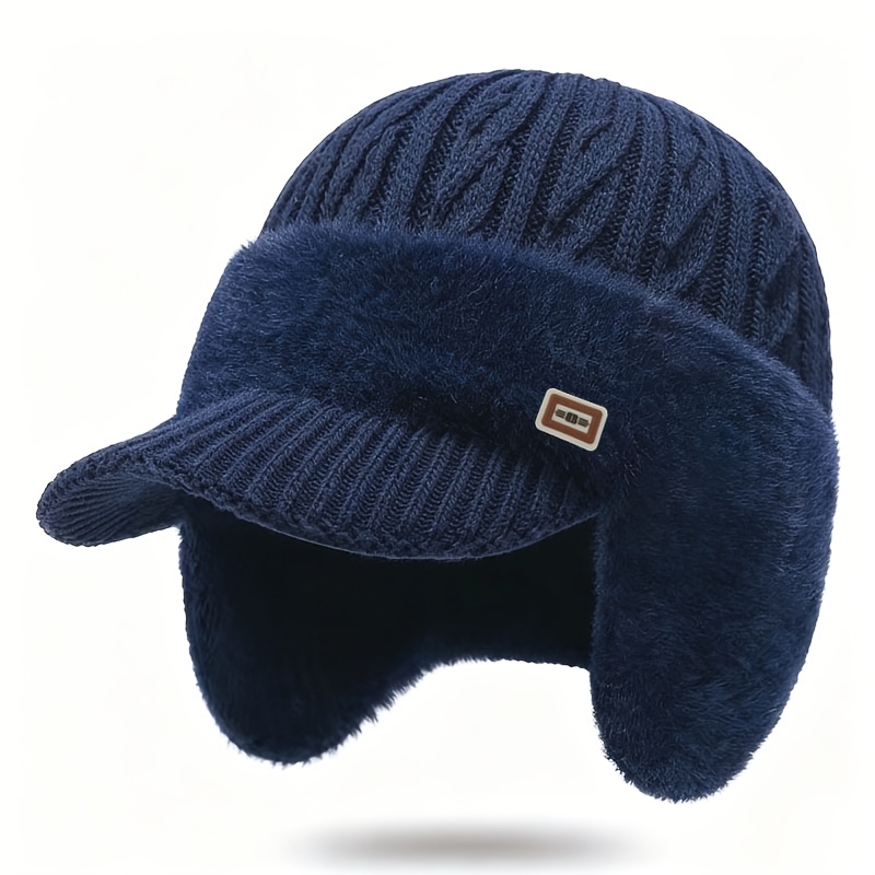 TEMU Outdoor Functional Fleece-lined Ear Protection Knit Hat, Loose Large Head , Minimalist Square Leather Patch Autumn Winter Outdoor Hiking Casual