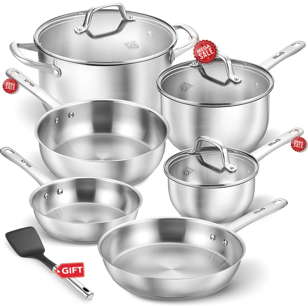10pcs Stainless Steel Cookware Set, Premium Stainless Steel Pots And Pans Set For Home Kitchen, Induction Cooking Set Suitable For All Stoves, Kitchen Cookware Set, Oven Safe