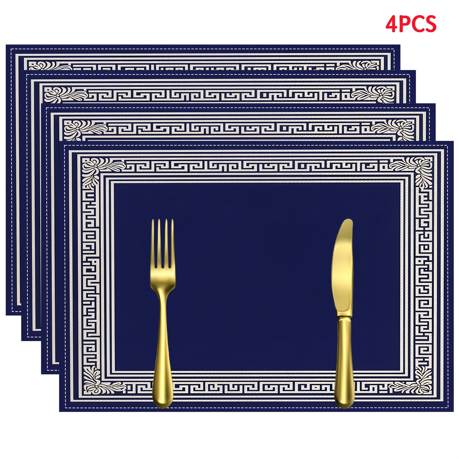 TEMU 4pcs/6pcs Blue Greek Key Placemats, 30.48x45.72cm Polyester Rectangular Dining Table Mats With Geometric Border Design, Suitable For Parties,