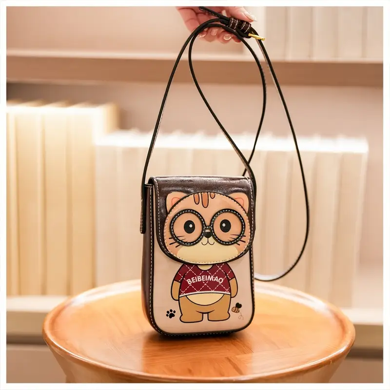 2025 mini cute cat animal print crossbody bag for women - adjustable strap, snap closure, nylon lining, olive brown/beige/pink - compact phone purse, mini purse, casual accessory, design, stylish , small handbag, casual wear, women s accessory, trendy accessory, durable material, women s handbag, details 6