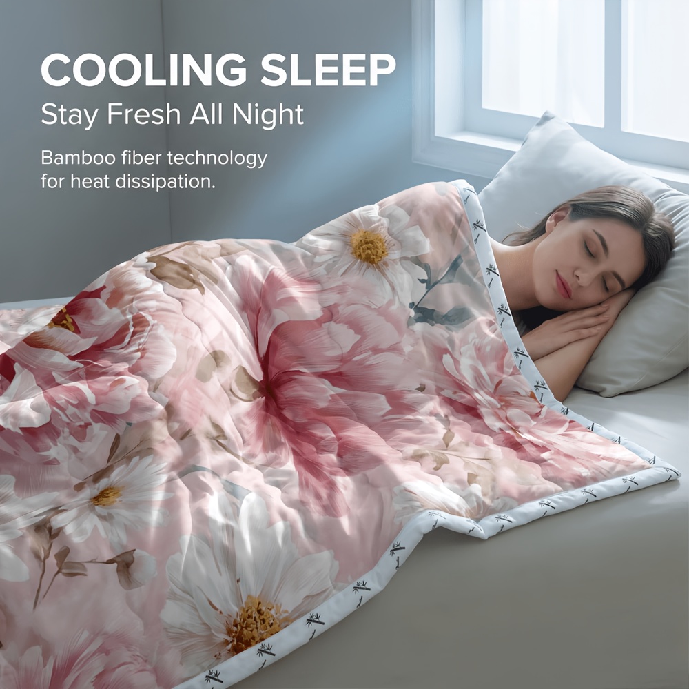 TEMU 1pc Bamboo Reversible Cooling & Warm Summer Comforter - Botanical Watercolor Design, Cooling Comforter For Bedroom, Lightweight & Breathable For