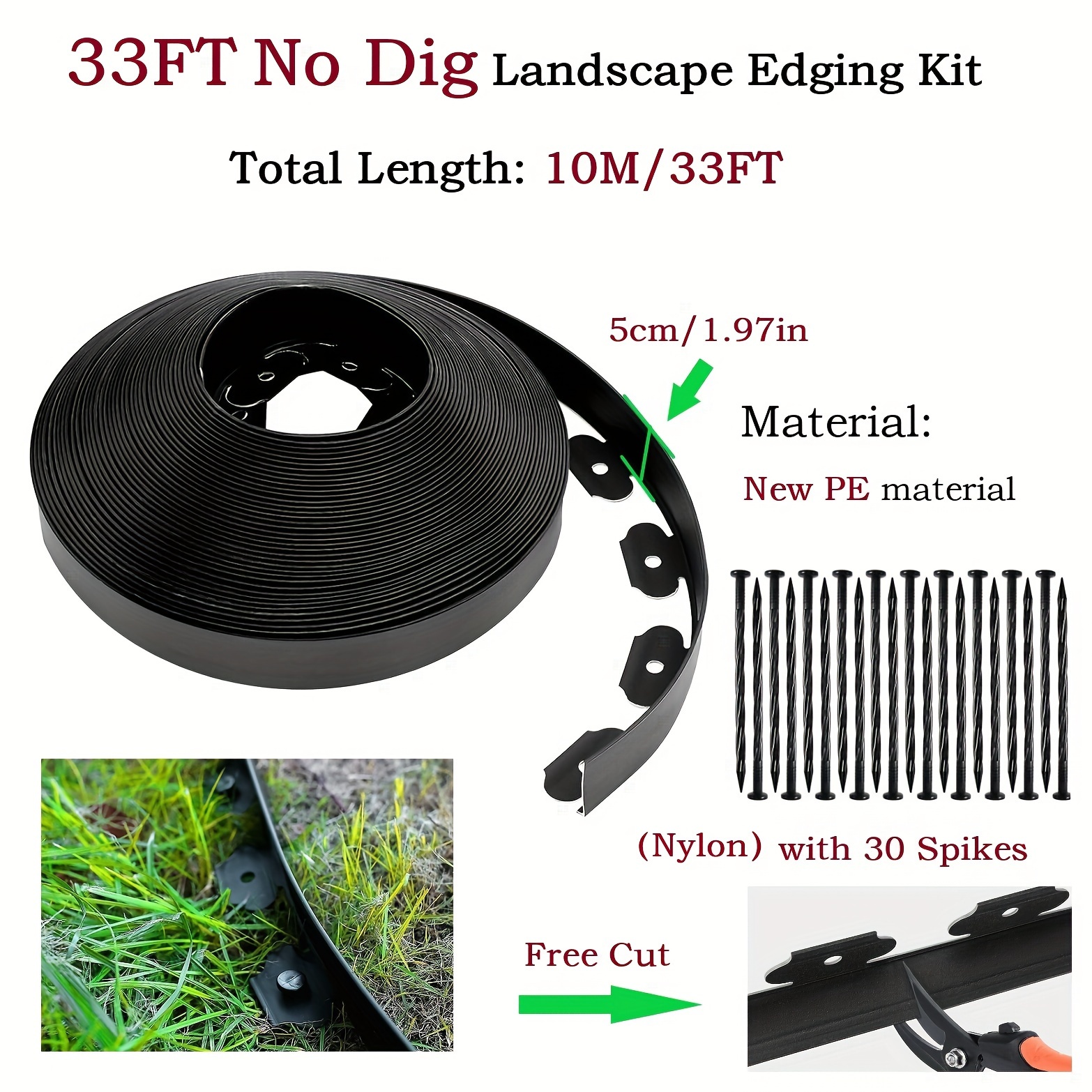 

30ft Landscape Edging Kit, 2 Inch High With 30 Spikes, Garden Edging Border For Diy Garden, Meadow, Lawn Edging, Yard [thickened Pe]