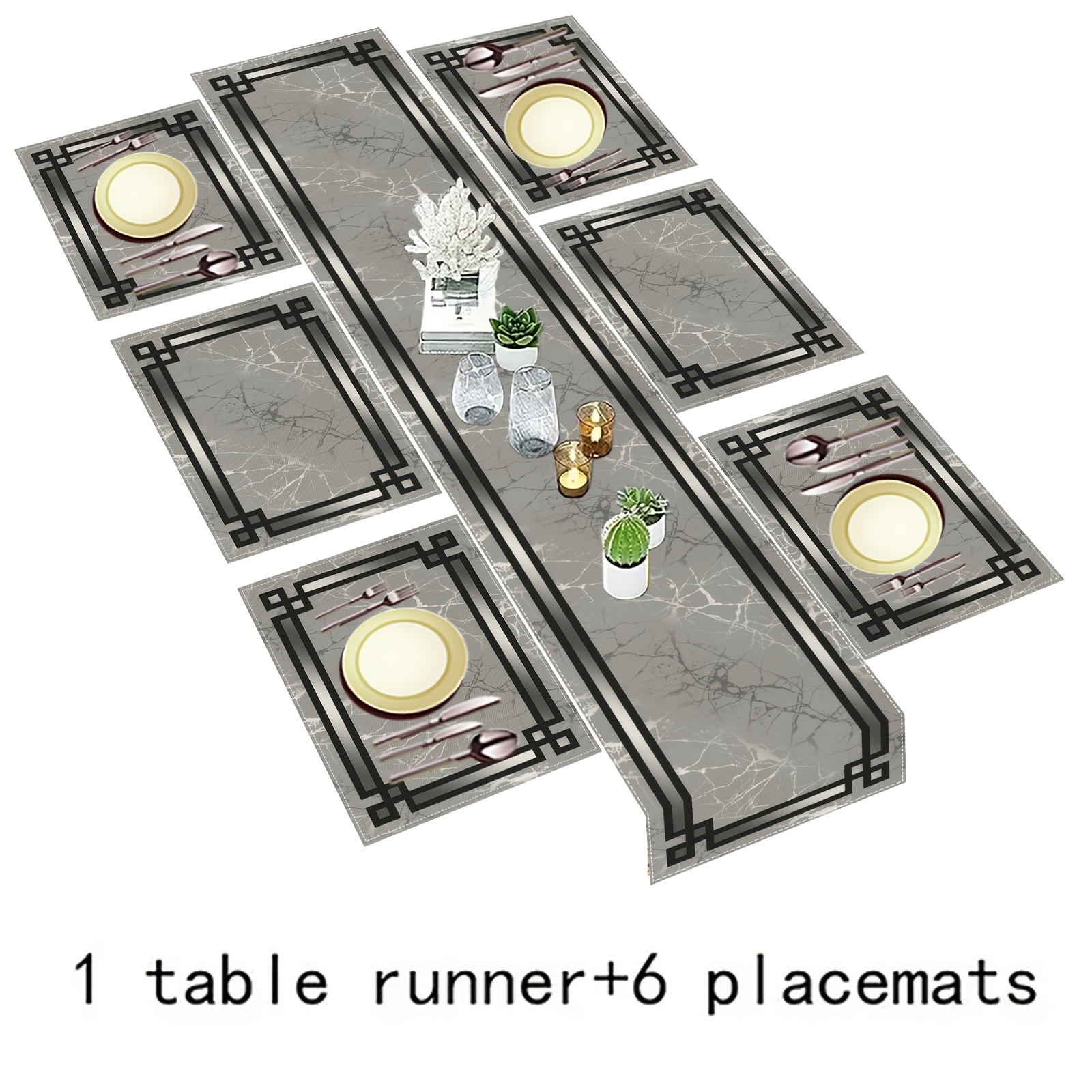 TEMU Tischläufer- Tischset-Set, 5-/7-teilig, graues Marmor-geometrisches Muster, ideal für Feiertagspartys, Küche, Esszimmer, Camping Picknick-Dekor,