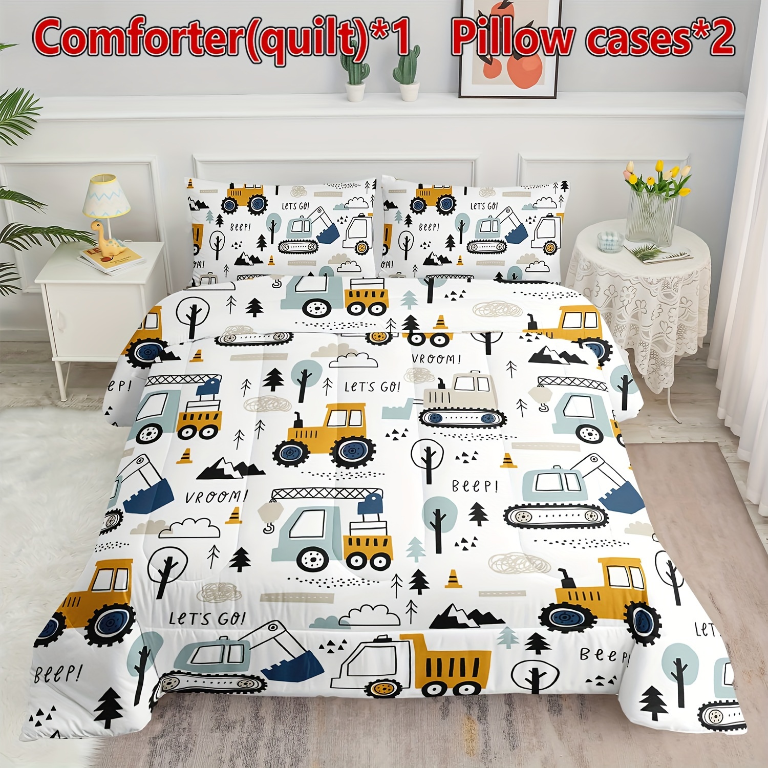 

3pcs Cartoon Excavator Print Comforter Set, Soft Comfortable Comfortable Bedding Set, For Bedroom Guest Room Dorm (1*comforter + 2*pillowcase, Without Core)