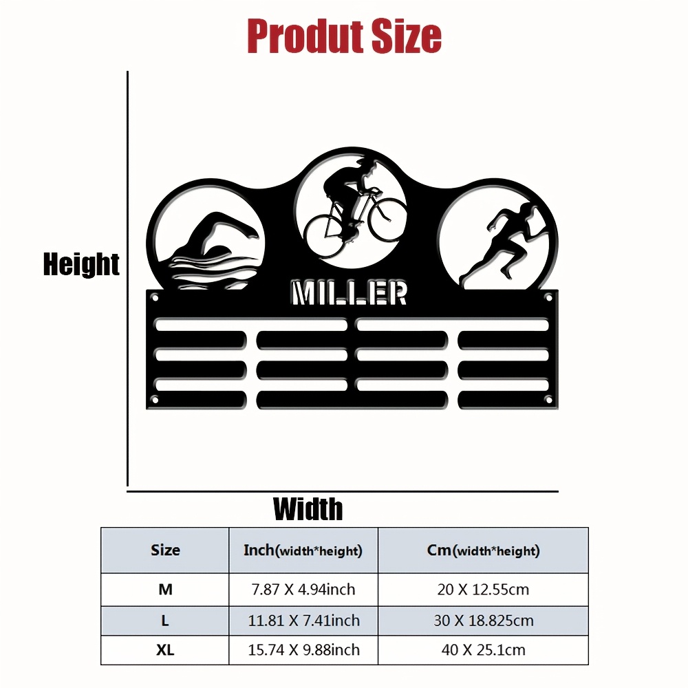 TEMU 2d Wall Decor 1pc Custom Triathlon Medal Hanger - Personalized Wall Art With Swimmer, Biker, Runner - Easy-to-install, Stylish Metal Display For
