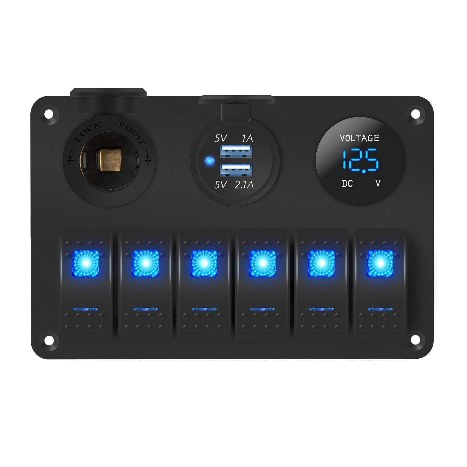 TEMU 6-position Marine Rocker Switch Panel 12v, Boat Toggle Switch Panel With Blue Led Light, Compatible With Usb Socket And Voltmeter For Rv, Utv, And Automotive Modifications, Without Battery