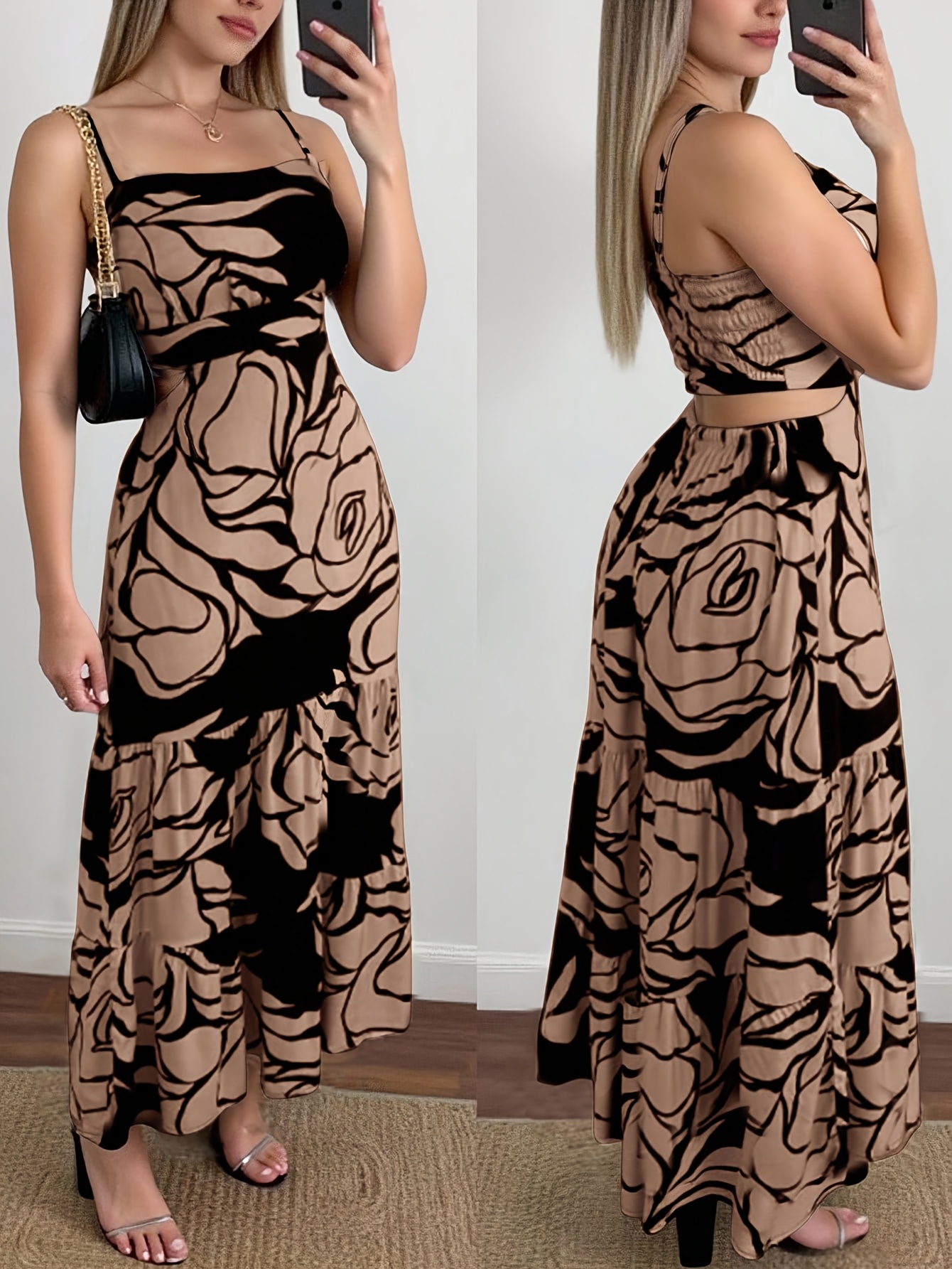 brown embroidered rose dress temu Racer Back Maxi Dress – Wholesale Capella Apparel