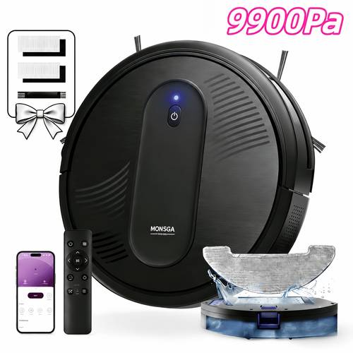 robot vacuum and mop combo boasts a powerful 9900pa suction intelligent navigation a 2 99 inch design and automatic it supports app and alexa voice control and is suitable for cleaning pet hair carpets and hard floors