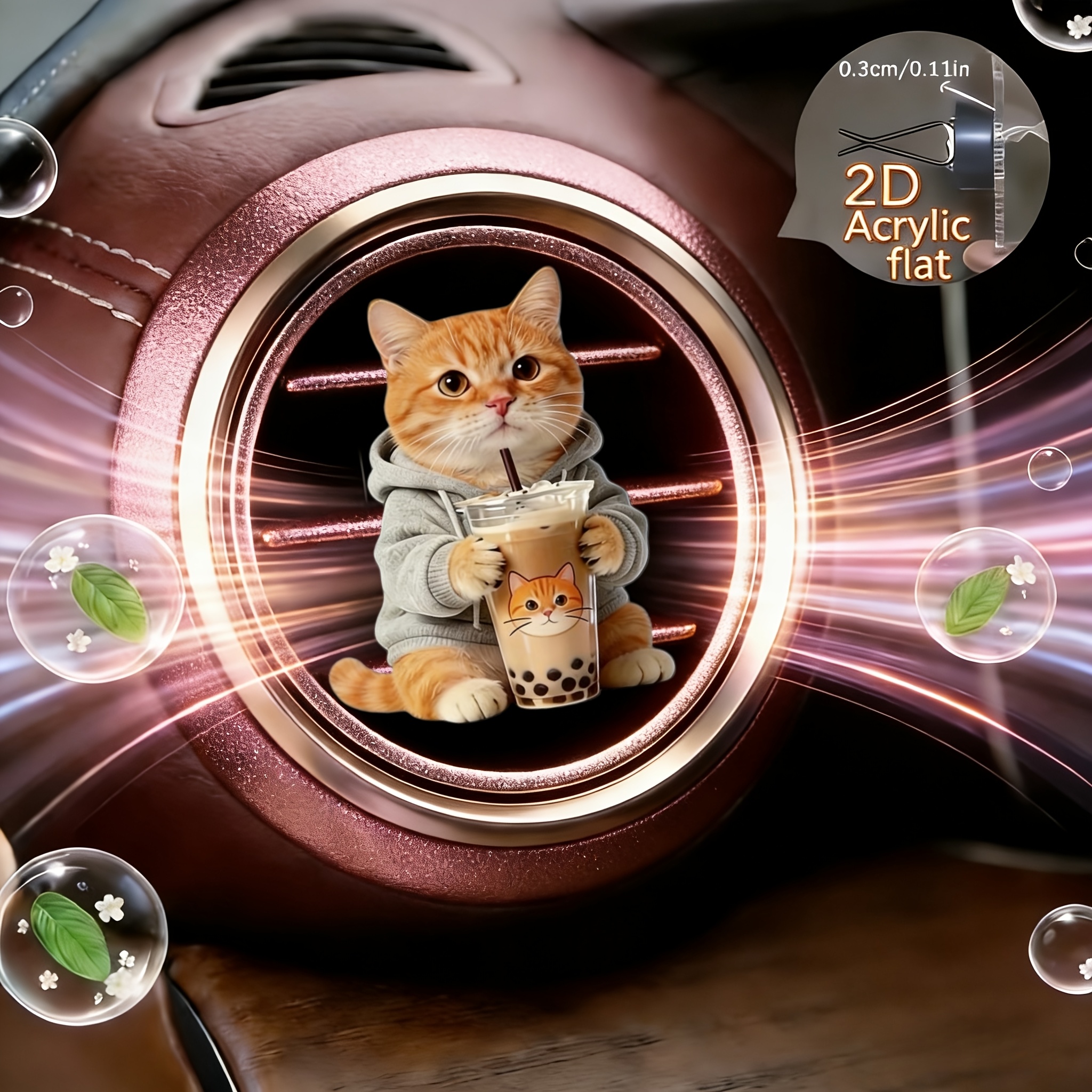TEMU 2d Flat, 1pc Wearing Sweatshirt And Drinking Milk Tea Pattern Car Vent Clip Decoration, "unscented", With Dual Unscented Sponge Sheets, Car Air
