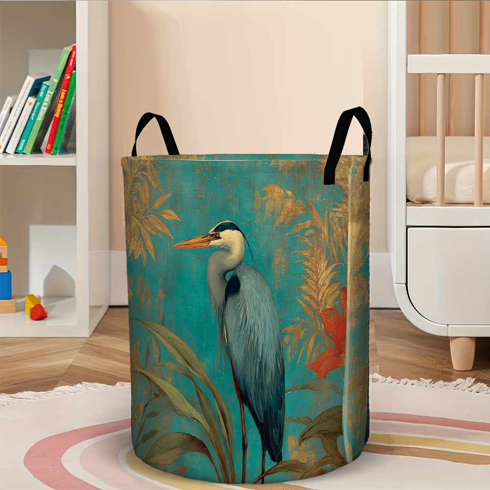 TEMU 1pc Blue Heron Vintage Round Laundry Basket And Storage Bin - Elegant Heron Pattern Storage Basket, 2d Printed Design, Suitable For Bathroom,