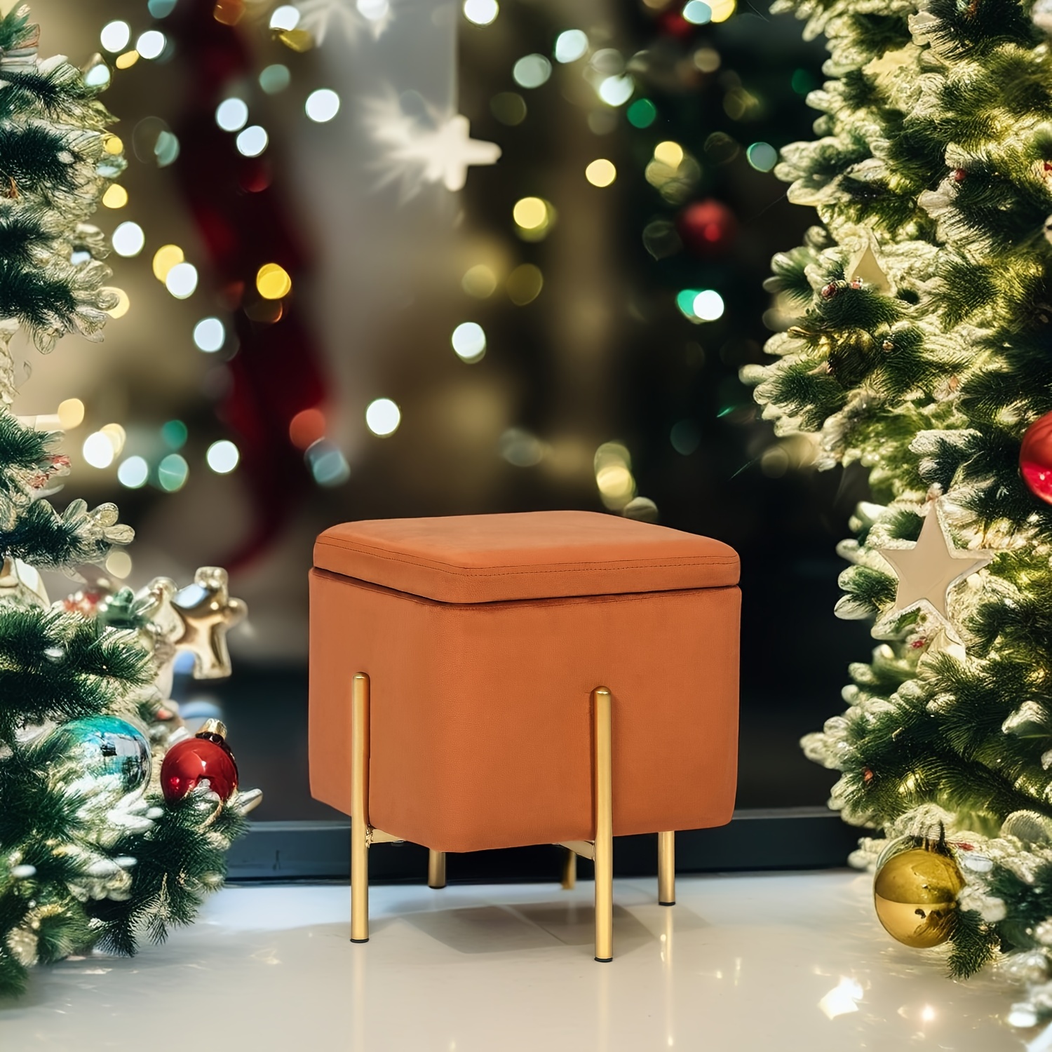 

Small Square Velvet Storage Ottoman Vanity Stool Footrest Accent High Support Metal Legs Orange