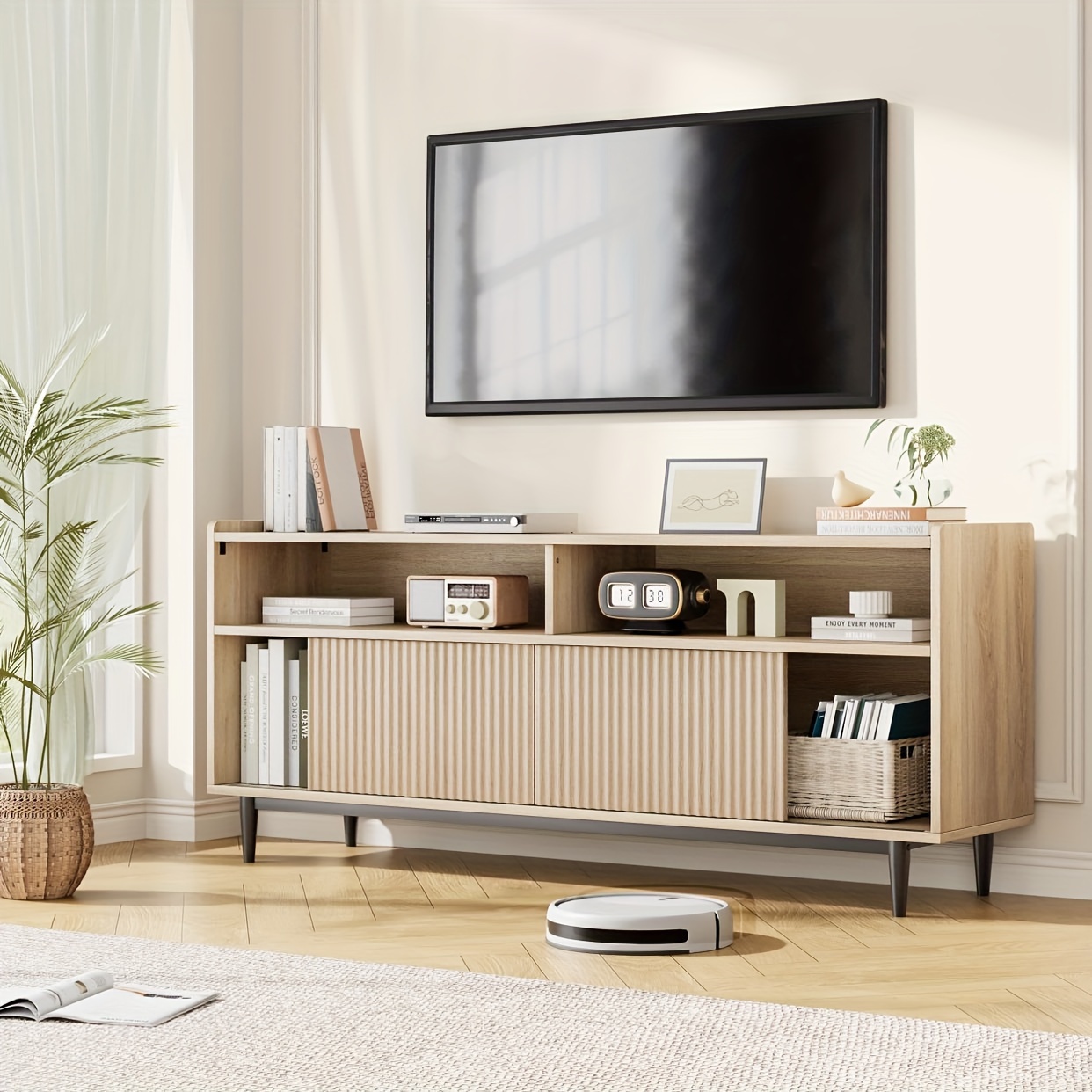 TEMU 70 Inch Recessed Tv Cabinet, Media Console Cabinet Furniture , Entertainment Center With Storage Cabinets And Sliding Doors For Living Room, Small Apartment