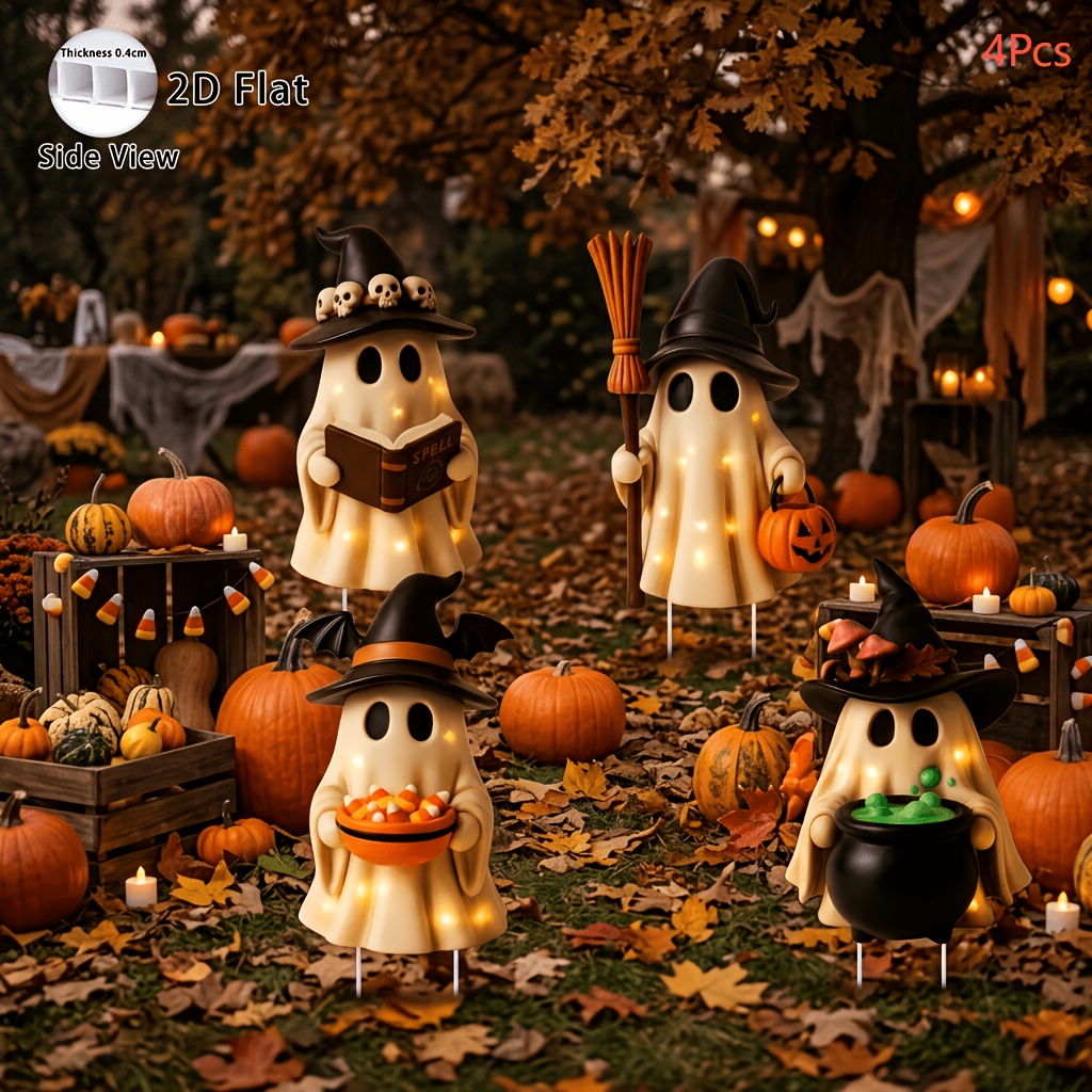 TEMU 2d Flat - 【2d Flat】 (2d Flat) 4pcs Outdoor For Halloween Lights, 15.7 Inches Tall With Led Lights, 4 Shapes, Cute For Halloween Toppers, With ,