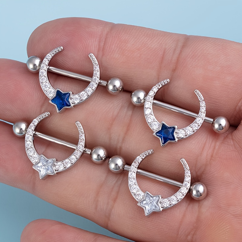 

1 Pair Of Fashionable Stainless Steel Star Moon Inlaid Zirconia Breast Rings, Medical Breast Nails, And Human Puncture Accessories