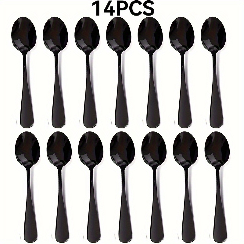 Image of 7/14pcs Black Stainless Steel Coffee Spoon, Dishwasher Safe, Suitable For Stirring Coffee, Desserts And Ice Cream, For Home And Restaurant