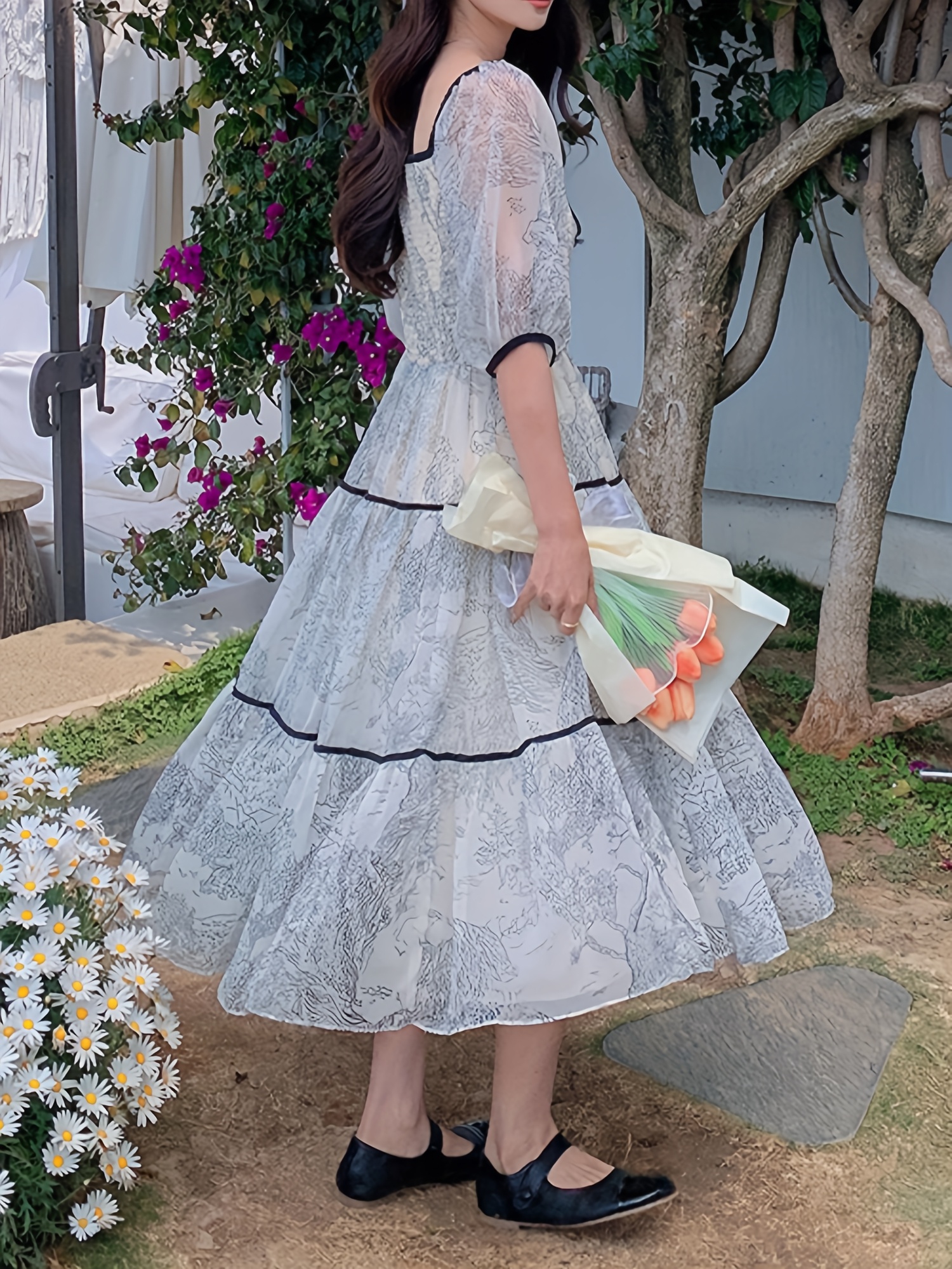 Women's Summer Floral Landscape Neck Dress A-Line Long Dress with  Lantern Sleeves, Net Panel Flared Hem, Machine Washable Beach Vac