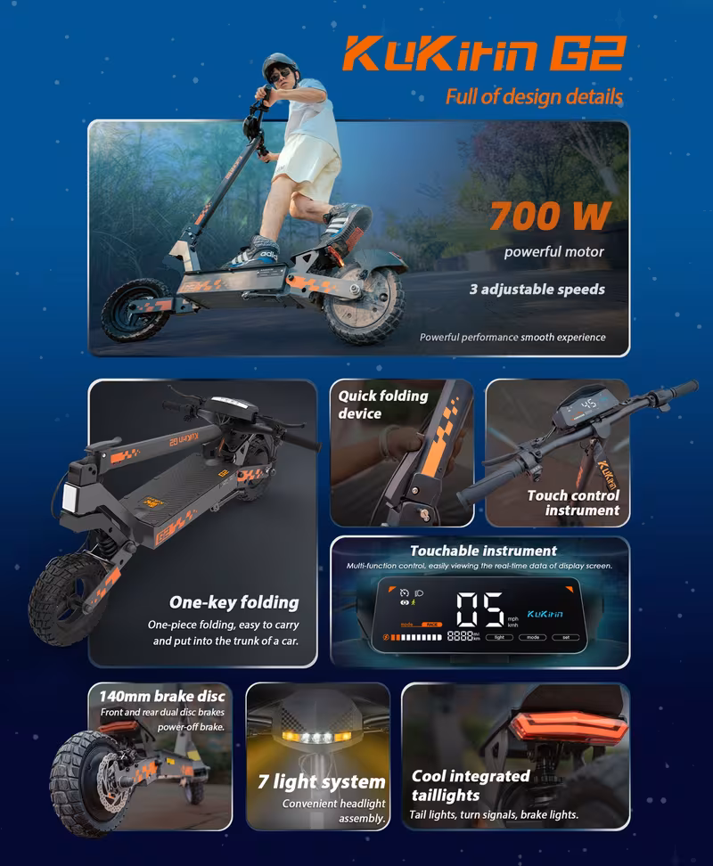 g2 electric scooter adults 700w motor 48v battery 34-42 miles range dual suspension 10 inch off road tires front rear disc brakes foldable e scooter Product details 4
