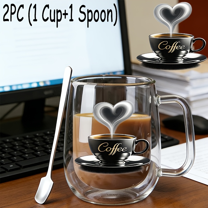 TEMU 2pcs(1pc Glass Cup+1pc Spoon),insulated Double-walled Borosilicate Reusable Water Cup With Handle,large Capacity Clear Coffee Mug For Beverages