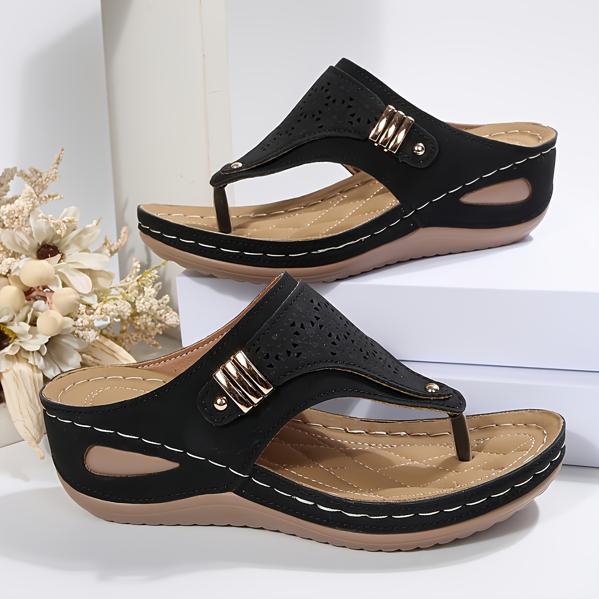 TEMU Summer Women's Fashion Wedge Sandals, Soft Sole Metallic Hollow-out Thick-soled Women's Slippers, Comfortable Wedge Minimalist Outdoor Vacation