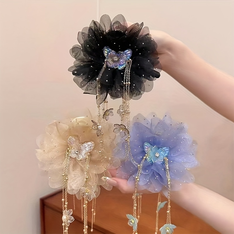 Image of Ladies' Hair Additions Hair Claw Clip Style Yarn Peony Tassel Flower Hairpin Elegant Temperament Versatile Suitable For Daily Wear Travel And Worn