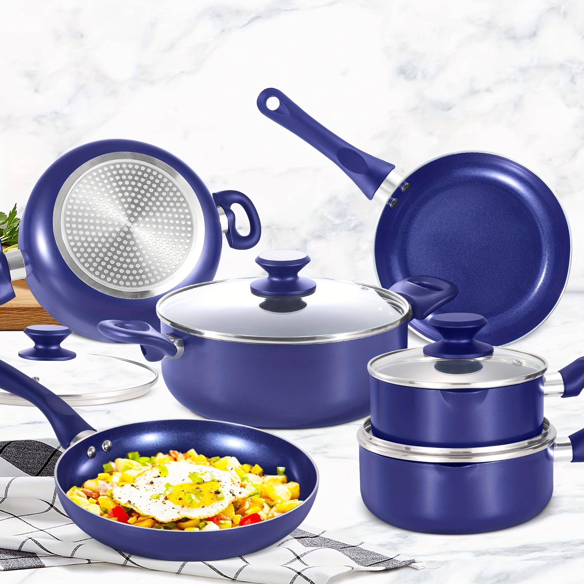 TEMU 10pcs Nonstick Cookware Set - Diamond Blue Aluminum Pots & Pans With Lids, Induction & Gas Stove Compatible, Oven Safe, Easy Clean, , Kitchen Essentials|modern Kitchenware|durable Cookware