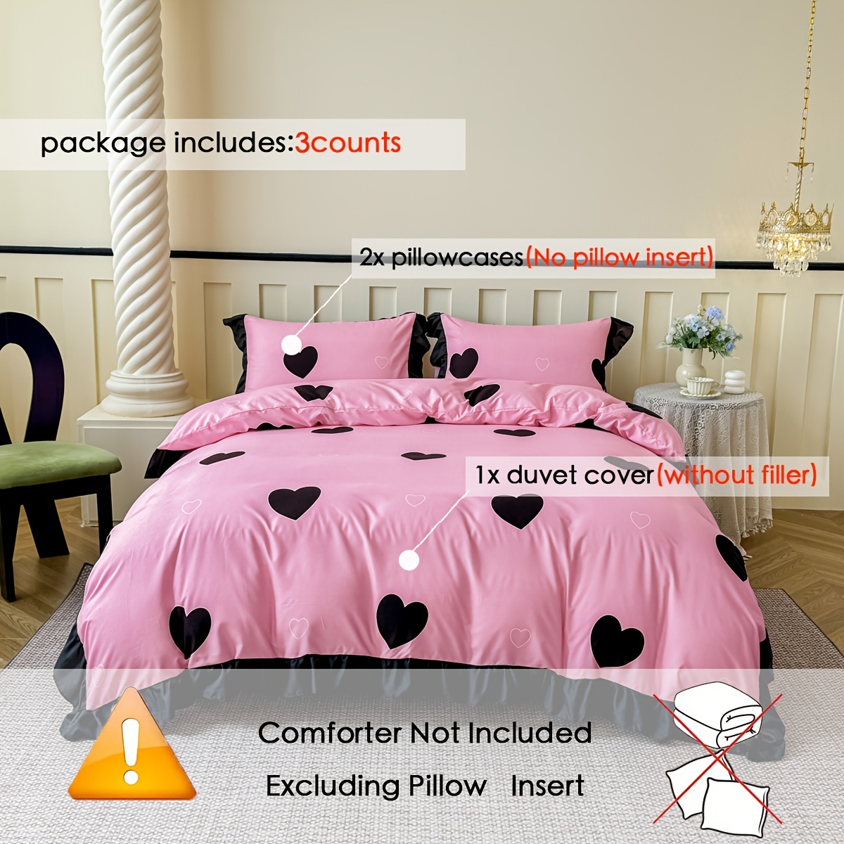 TEMU 3pcs Pink Print Bedspread Set, Heart Pattern, Ruffle Trim, Includes 2 Pillowcases   1 Bedspread, Soft Comfortable Bedroom S