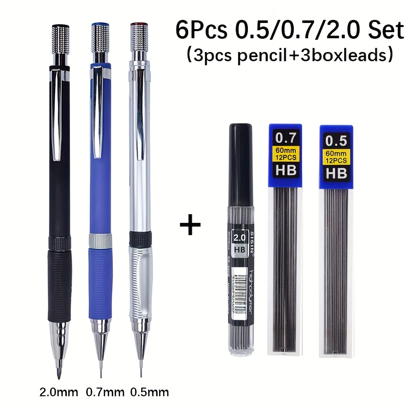 E-shop 6er-Set 0,5 0,7 2,0 mm Klassische, einziehbare Plastikstifte, blau, silbern, schwarz, Stifthalter, sehr gut geeignet für Schreiben und Zeichnen