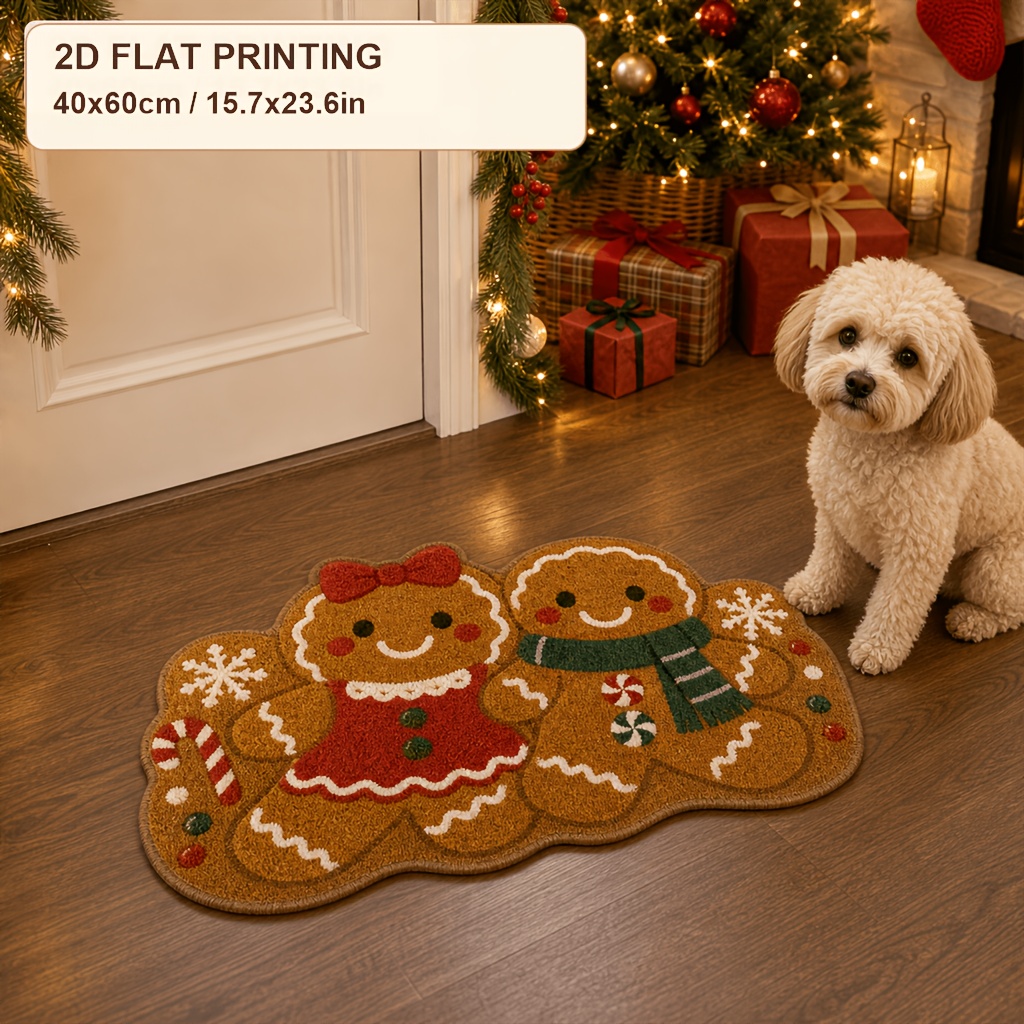 TEMU 1pc Velvet Christmas Two-dimensional Printed Gingerbread For Rug, Non-slip And Machine Washable Bathroom Mat, Suitable For Home Decor In And