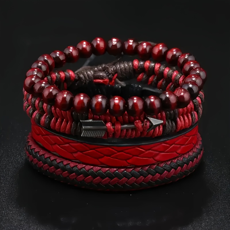 E-shop 4-teiliges Vintage Muster Kunstleder und Perlen Set – Handgefertigt, Geflochten, Rot und Schwarz – Einzigartiges Accessoire im Bohemian Style