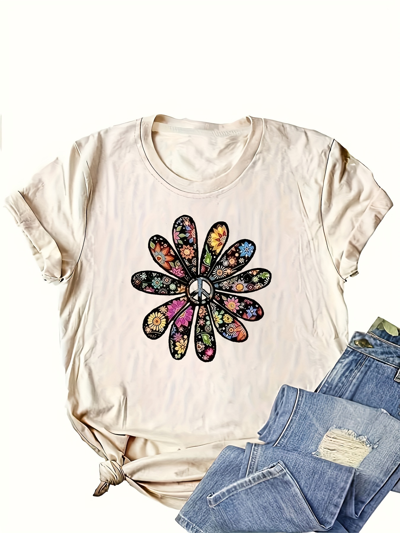 Women's Casual Short Sleeve T-Shirt - Vibrant Orange Geometric Floral Print, Relaxed Fit Round Neck, Machine Washable Summer Top, Soft Texture Shirt