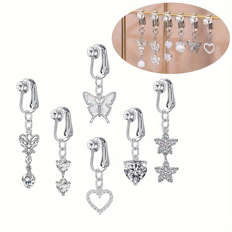 

6-piece Fake Belly Button Bars, Heart Butterfly Flower Style, Stainless Steel, Fashionable Fake Belly Button Rings, Safe And Painless, Women's Belly Bars Body No Piercing Jewelry