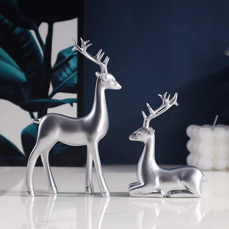 

Elegant Silvery Deer Resin Statue Set - Versatile Desktop Decor For Home, Office & Cafes | Perfect For , Christmas, Easter & Thanksgiving