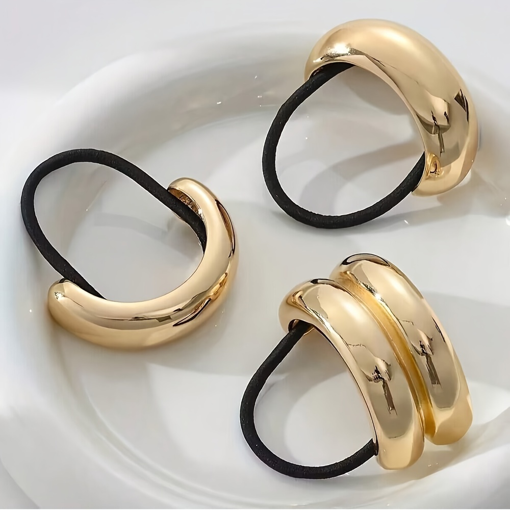 TEMU 3pcs Golden Alloy Hollow Hair Rope Set, Elegant And With Lace Detail, Solid Color, For Christmas Festival, Suitable 14 And Up