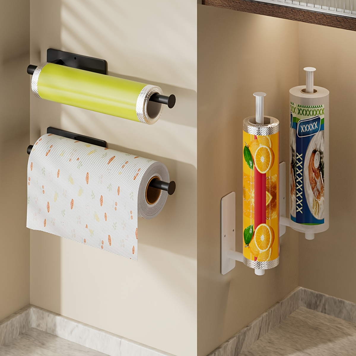 a wall mounted paper towel holder serves a storage rack