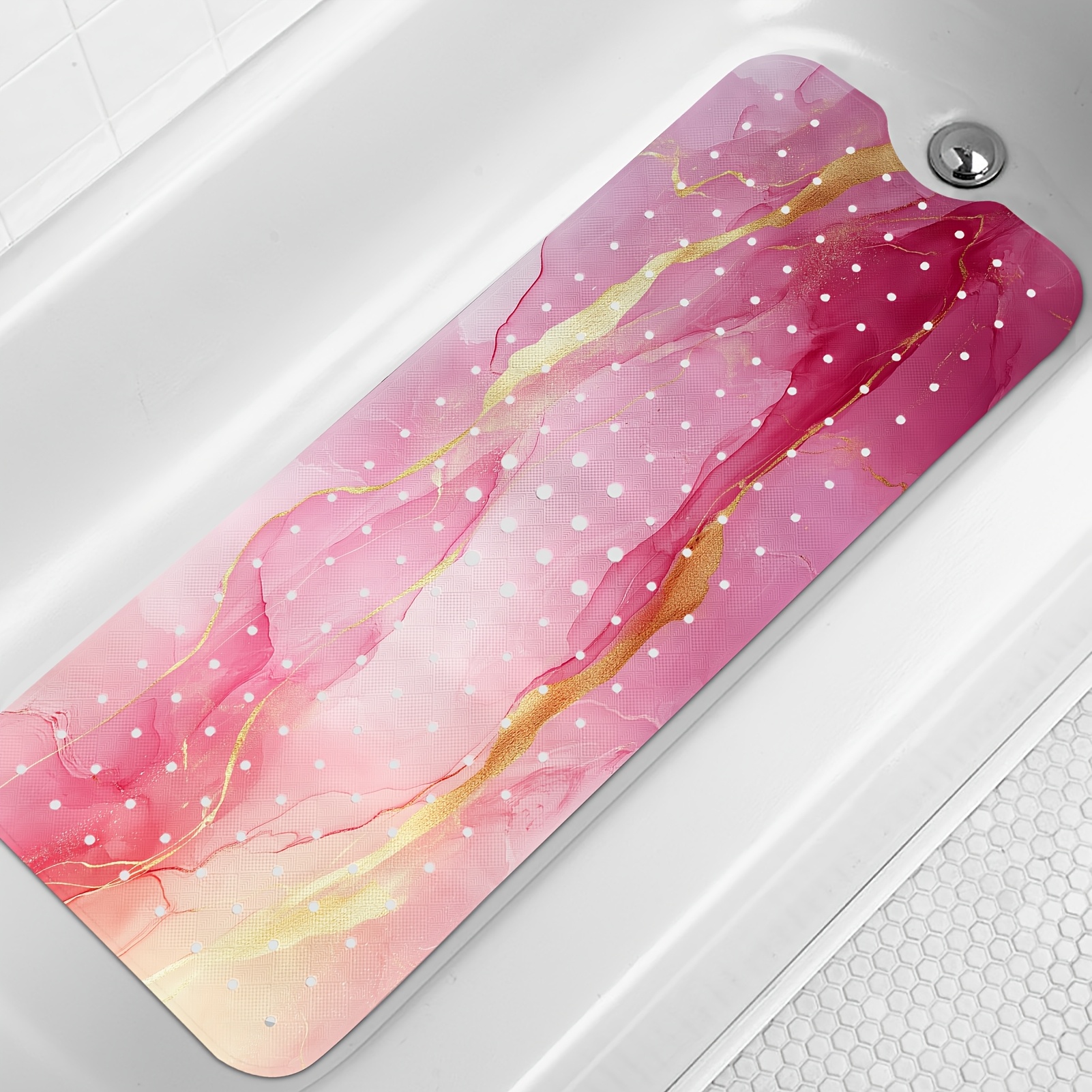 Marble Bath Tub Mat Non Slip, Pink Marble Non Slip Bath Mat For Shower, Large Washable Shower Mats For Showers With Drain Holes And Suction Cups, 40 X 16 Inch