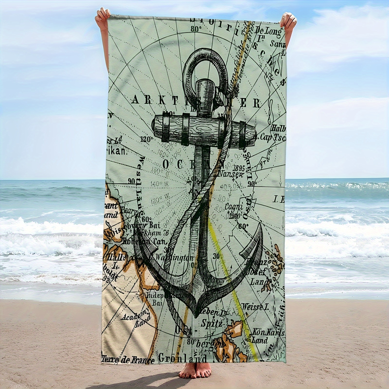 Image of A Microfiber Beach Towel Featuring An Anchor Design, Absorbent And Perfect For Travel, Swimming, Diving, Surfing, Yoga, And Camping, Suitable For Use In Any Season