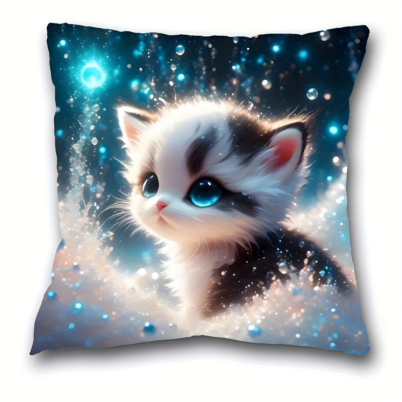 

1pc French-style Cat Print Knit Fabric Throw Pillow Cover 18x18 Inch, Machine Washable Decorative Pillowcase With Zipper, Polyester Short Plush Cushion Case For Living Room Decor (insert Not Included)