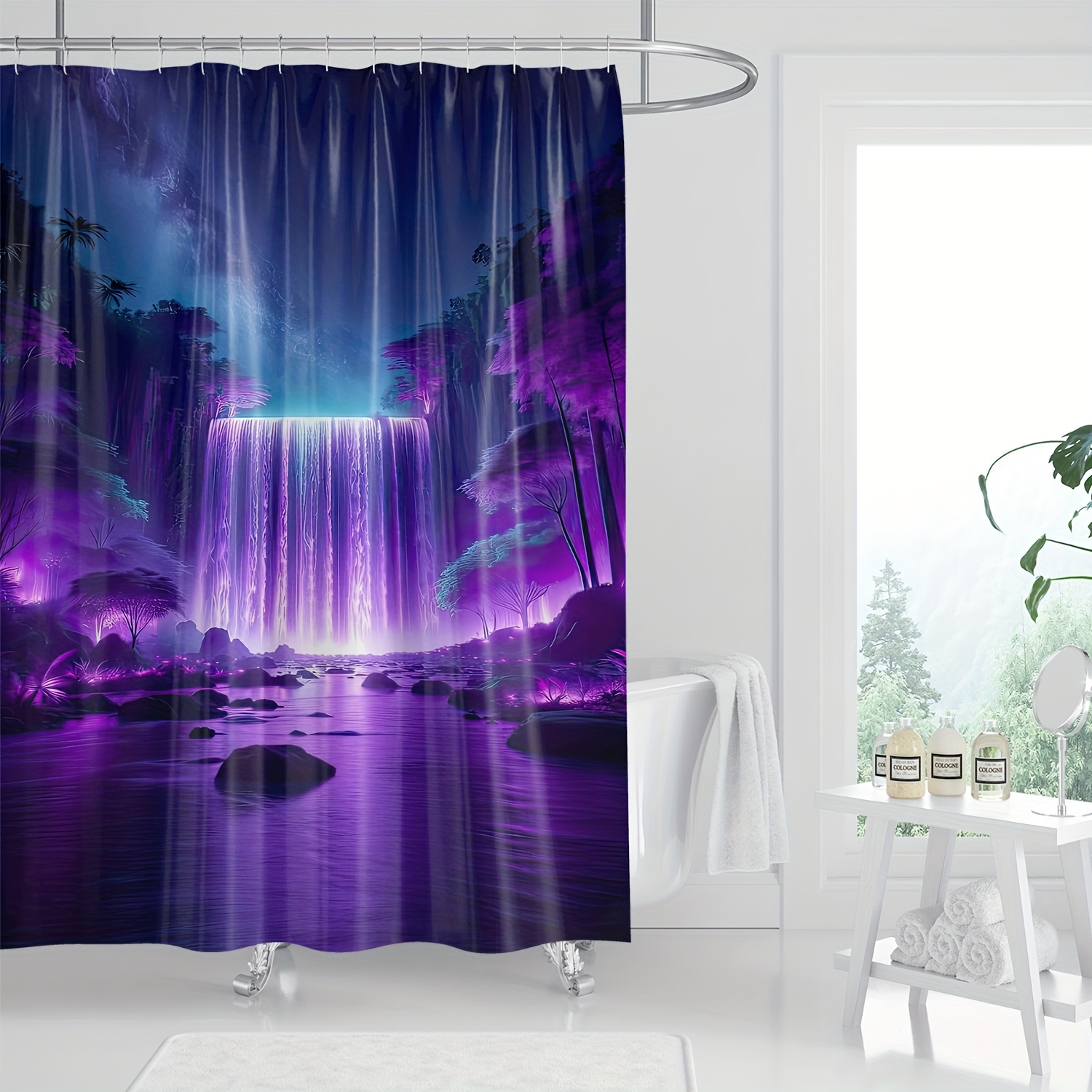 

1pc Purple Night Valley Forest River Waterfall Trees Scenery Digital Print, Machine Washable, Home Bathroom Decor