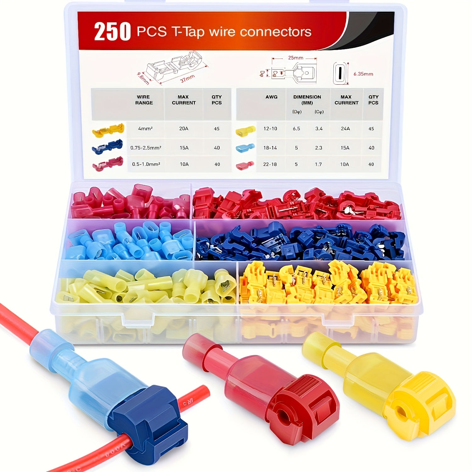 TEMU A Kit Containing 250pcs And 125 Pairs Of Fully Insulated Nylon Splice Wire Terminals, Featuring T-tap Self-stripping Connectors And Male Quick Disconnects