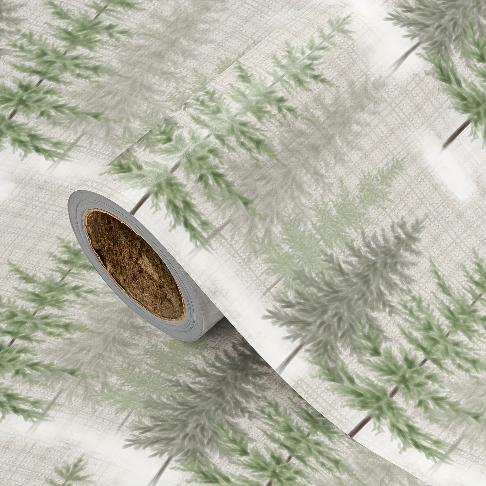 Image of 1 Roll Christmas Wrapping Paper | Watercolor Pine Trees On Light Gray Background - Ideal For Holiday Gifting, Festive Decor - 43cm X 500cm (17" X 16.4')