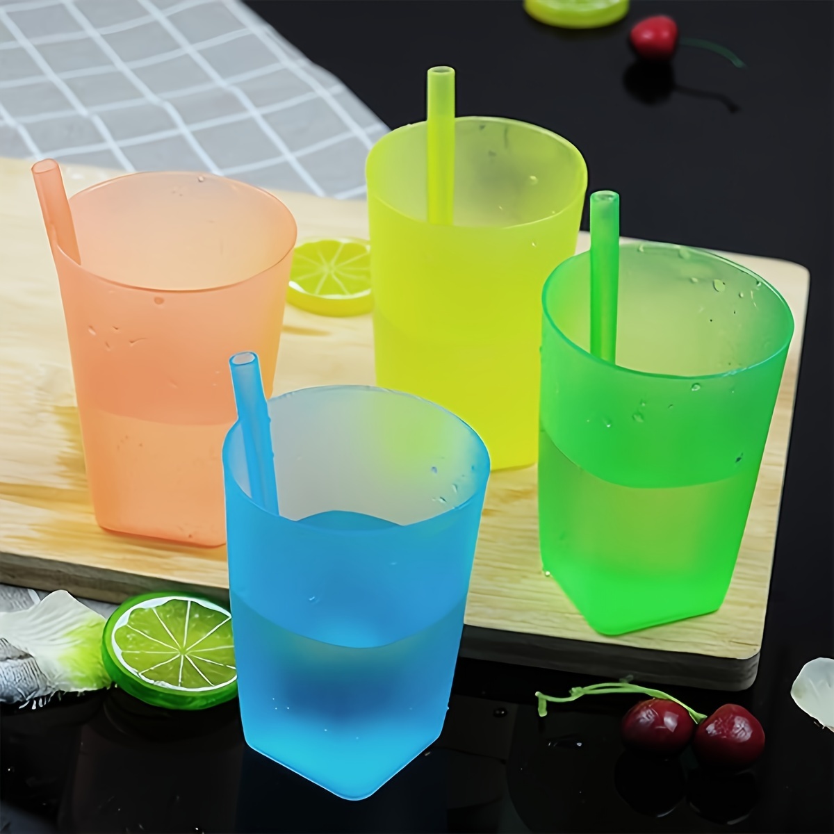 

2/4-piece Durable One-piece Straw Cups - Bpa-free Plastic, Spill-proof For Juice & Water - Perfect For Office, Camping, Dining - Sky Blue/red/yellow