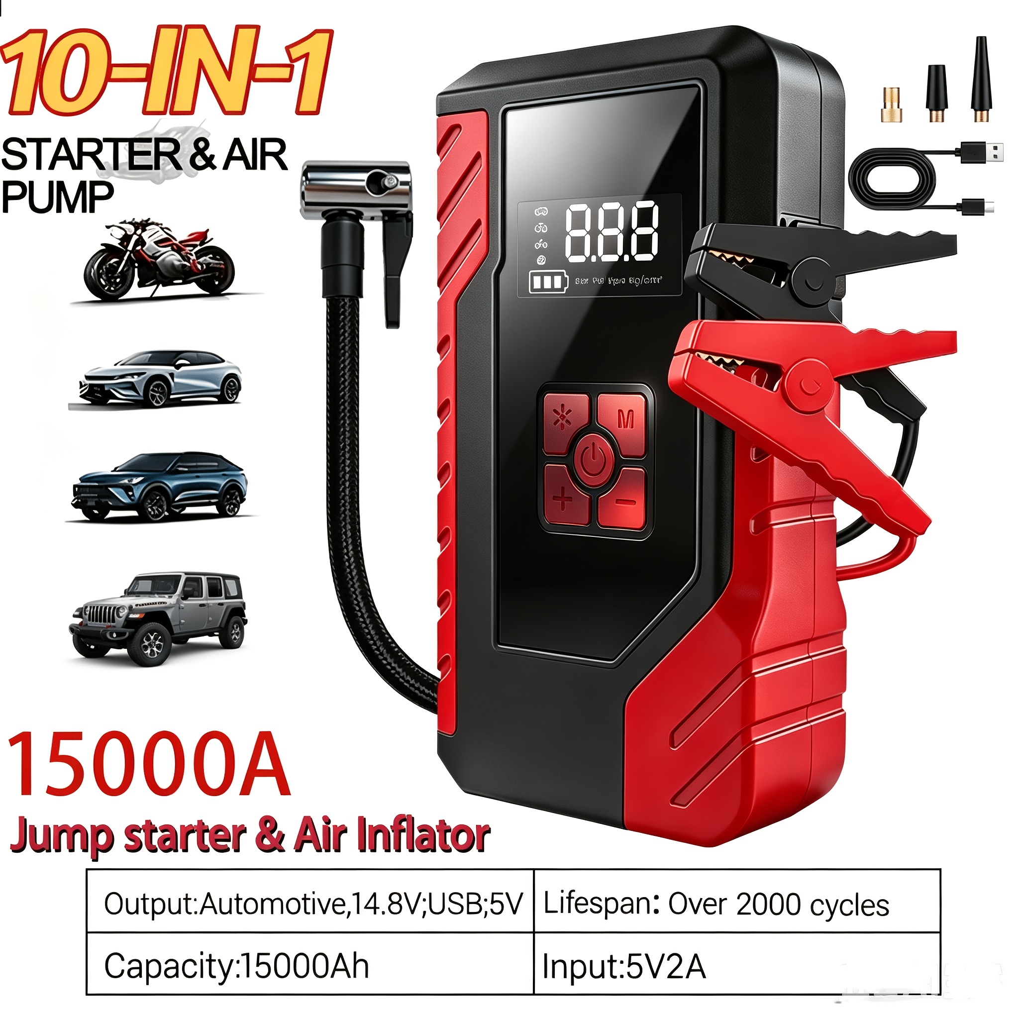 TEMU Démarreur d'urgence portable 15000A, alimentation de démarrage d'urgence automobile 12V, chargeur de véhicule à interface USB Type-C, éclairage