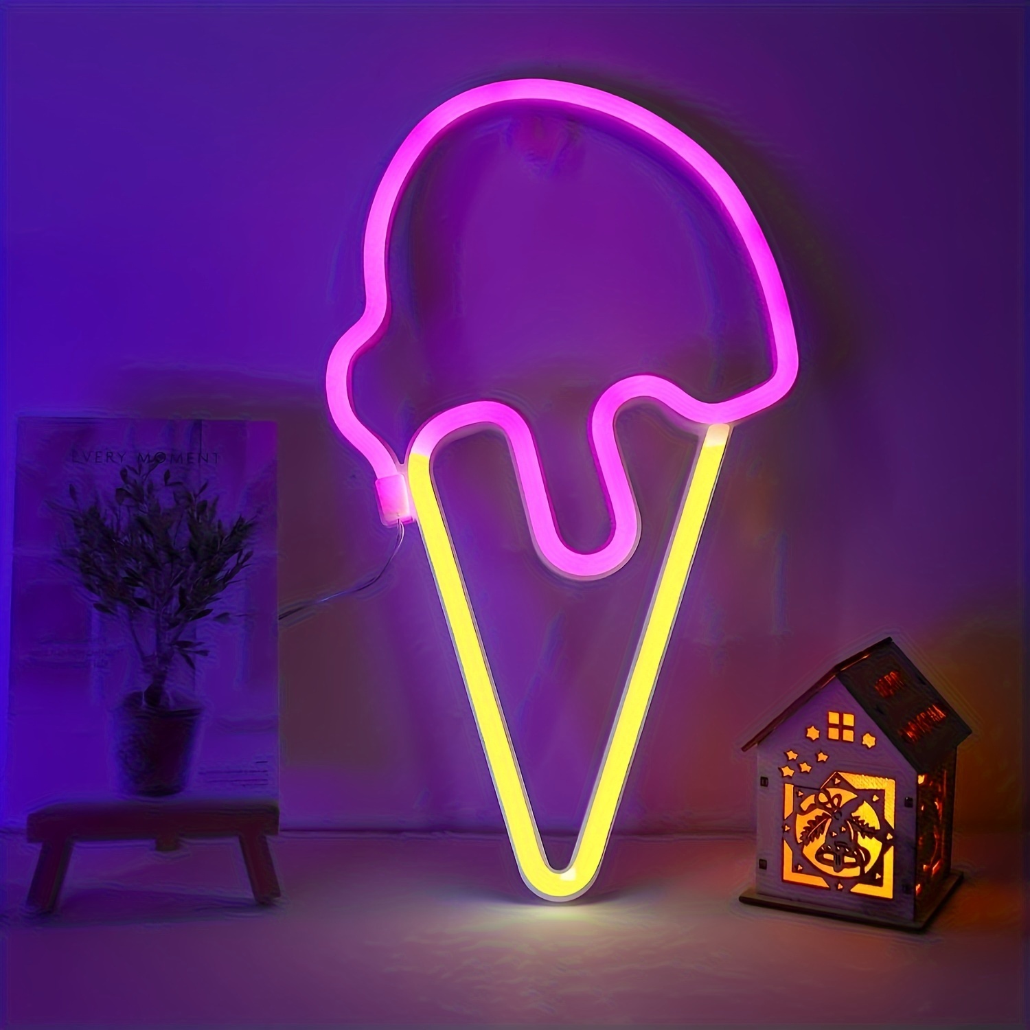 Image of 1pc, Pink Ice Cream Neon Lights, Usb Or Battery Powered, Summer Decorative Lights, Suitable For , Restaurant Decoration, Room Warm Night Lights, Holiday Party Decoration (excluding Batteries)