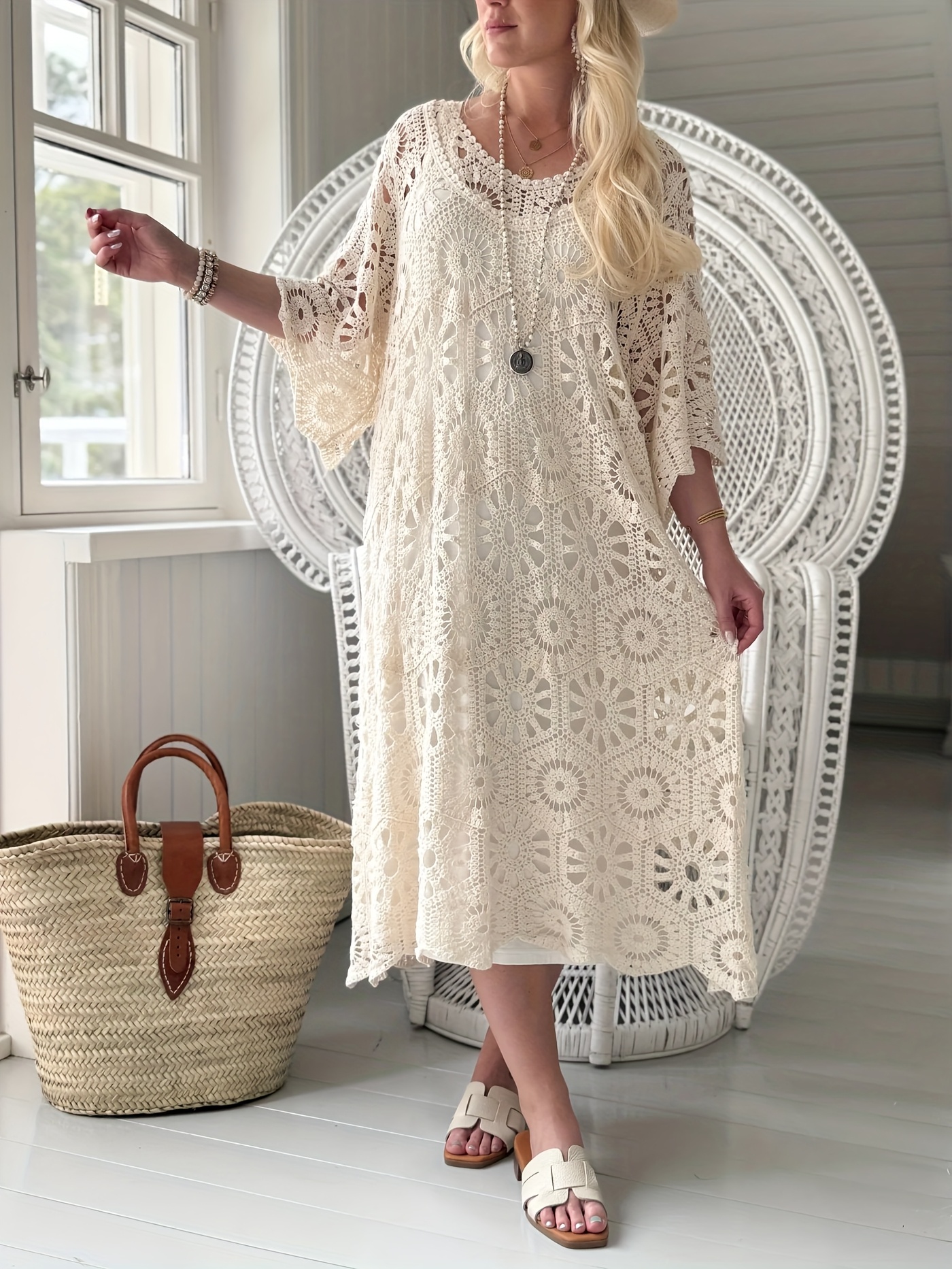 plus size plus size 1pc bohemian style lace dress - Temu Oman