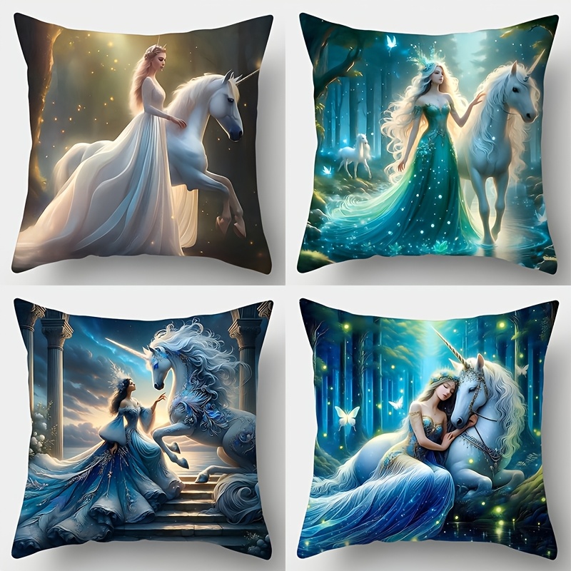 

4pcs Unicorn & Beauty Themed Pillowcase Set, Soft Polyester Sofa Cushion Covers, 17.7"x17.7", Single-sided Print, Zip Closure, Home Decor