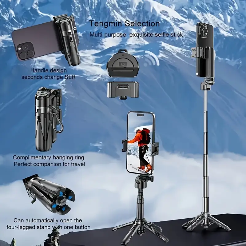 vara de selfie extensível de 16 polegadas com sem fio, suporte para smartphones giratório em 360°, altura ajustável por botão único, empunhadura estilo dslr, material abs à dágua, compatível com vários telefones para , viagens, caminhadas, transmissões e fotografia namorados, varinha de selfie para celular detalhes 4