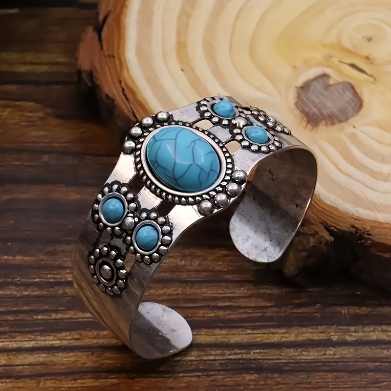 Image of A Bohemian-style Inlaid Oval Turquoise Geometric Versatile Elegant Vacation Women's Fashion Open Bangle Bracelet