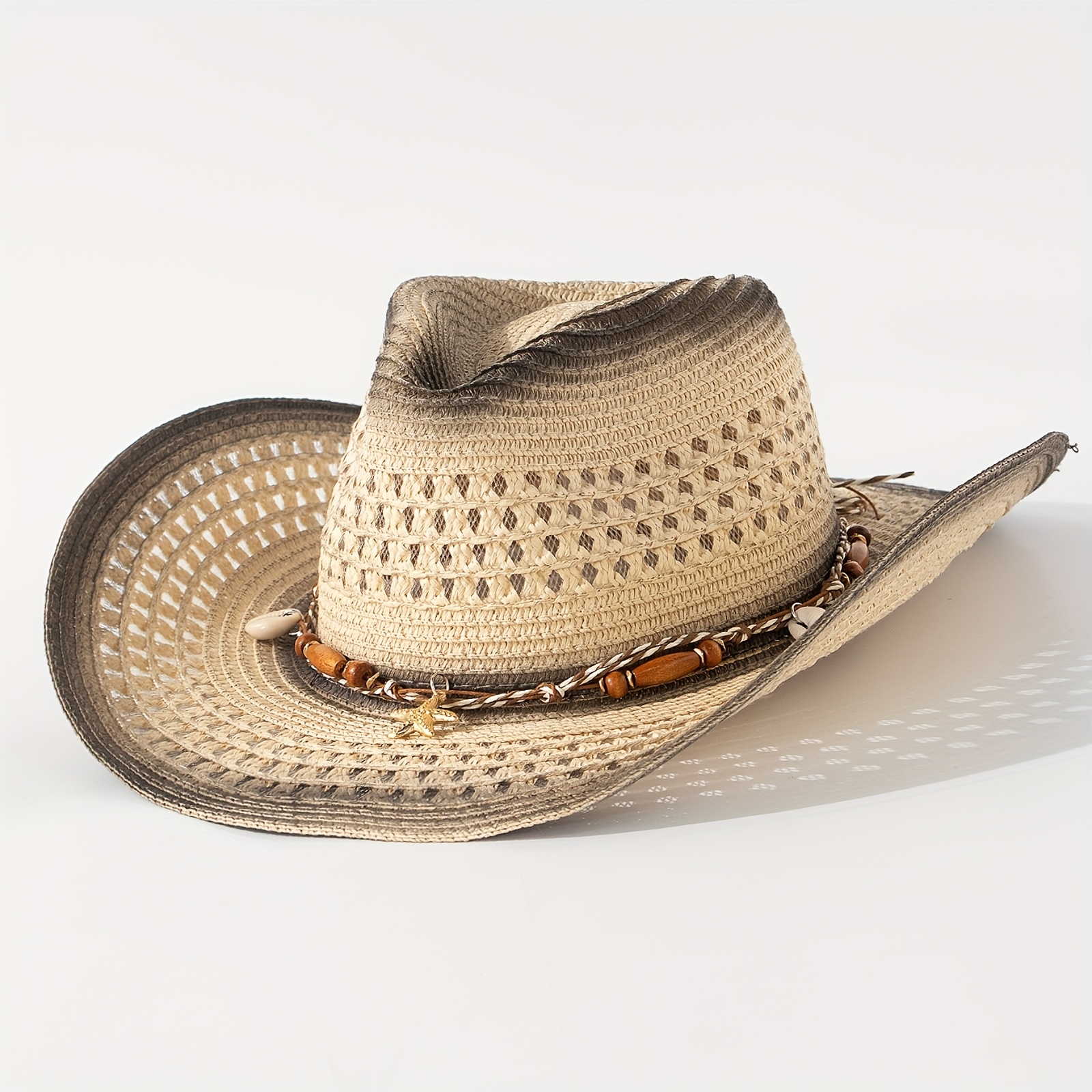 Straw Cowboy Hat with Two Decorative Bands - Handmade, Breathable Sun Hat Handcrafted Straw Hat With Red Flower Vintage Leather Band  main image 4