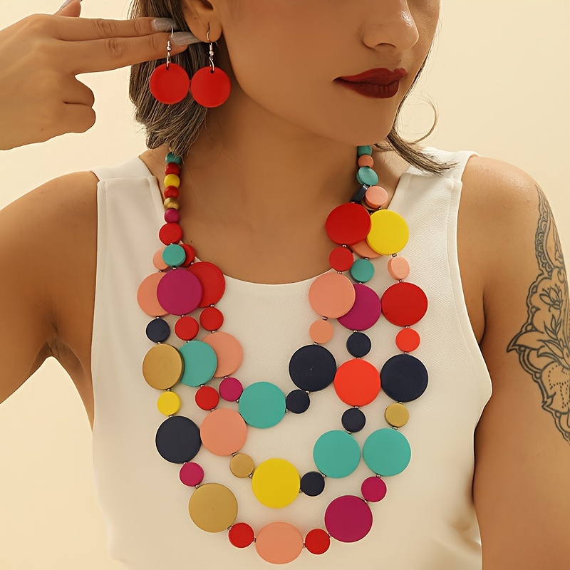 

Multilayer Arabesque Handcrafted Wooden Bead Necklace And Earrings Set, Luxurious & Elegant Style, Vibrant Colorful Jewelry With Adjustable Chain