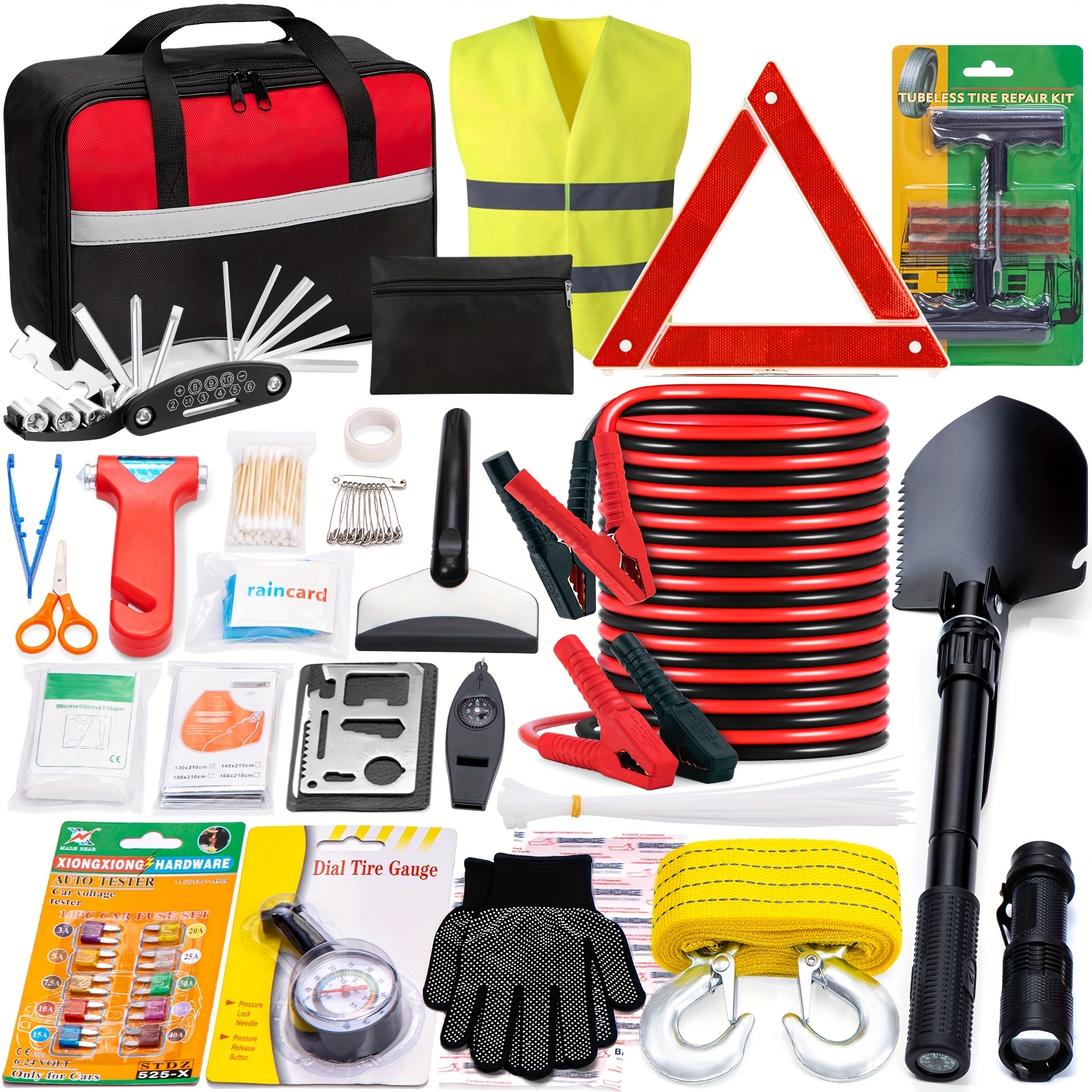 TEMU Car Safety Roadside Kit, Including Car Emergency Jumper, Towing Rope And Multifunctional Shovel, Car Emergency Kit, Holiday Gift For